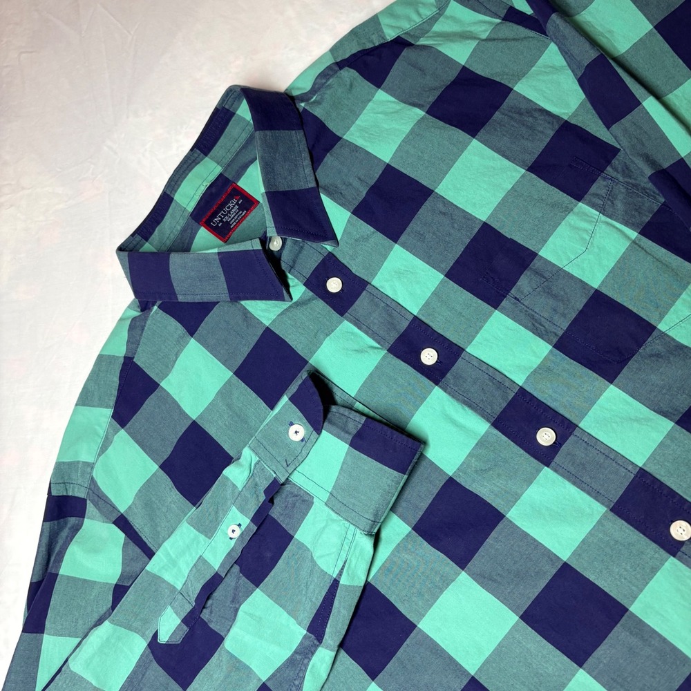 UNTUCKit Mens XXL Relaxed Fit Buffalo Plaid Button Down Shirt Teal Navy Blue